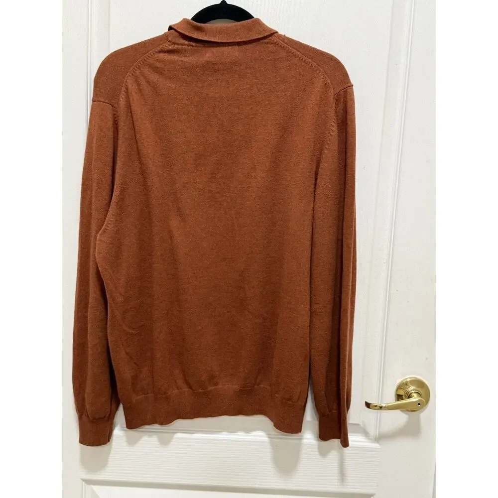 Eddie Bauer Mens Large Burnt Orange Cotton Cashmere Blend Polo Sweater Preppy